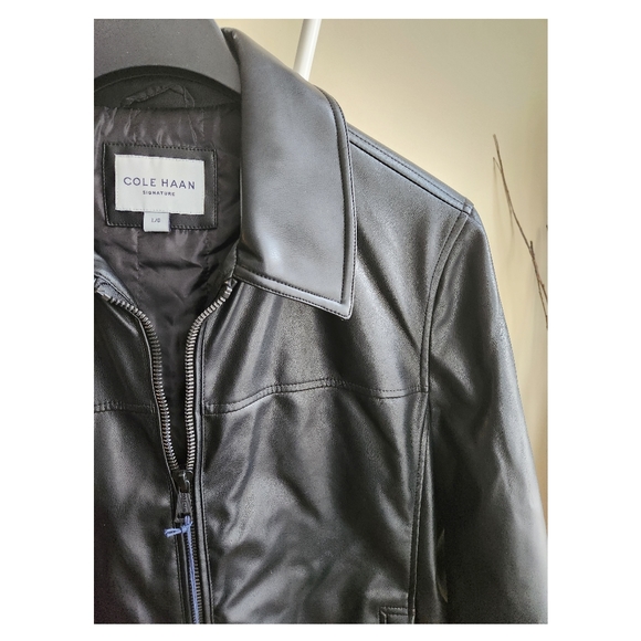 Cole Haan Collared Open Bottom Faux Leather JacketIn Black Size|L New• - Picture 2 of 7